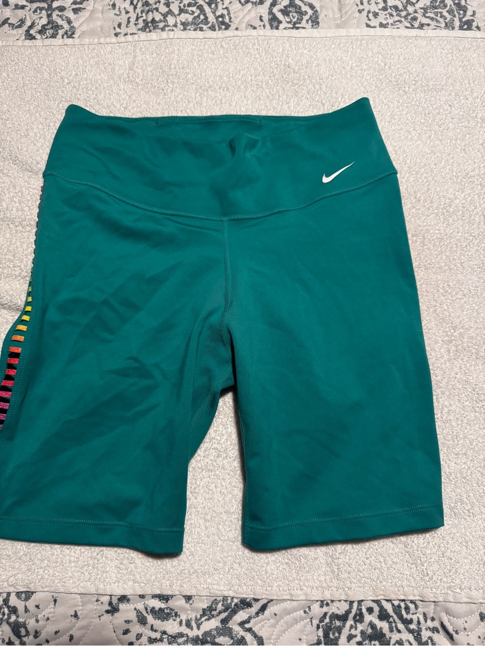 Nike Women's Teal Green High-Waist Bike Shorts with Stripe Detail